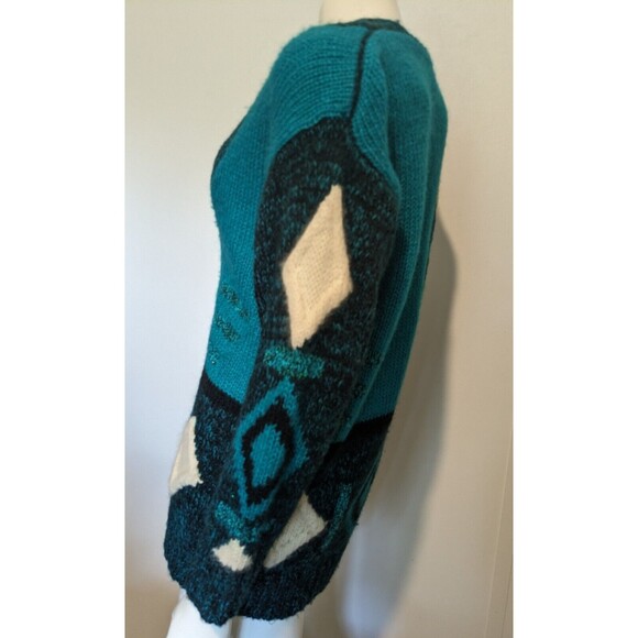 Vintage 80s Bold Geo V Neck Sweater M Tunic Sparkle Teal Acrylic Blend - Picture 3 of 5